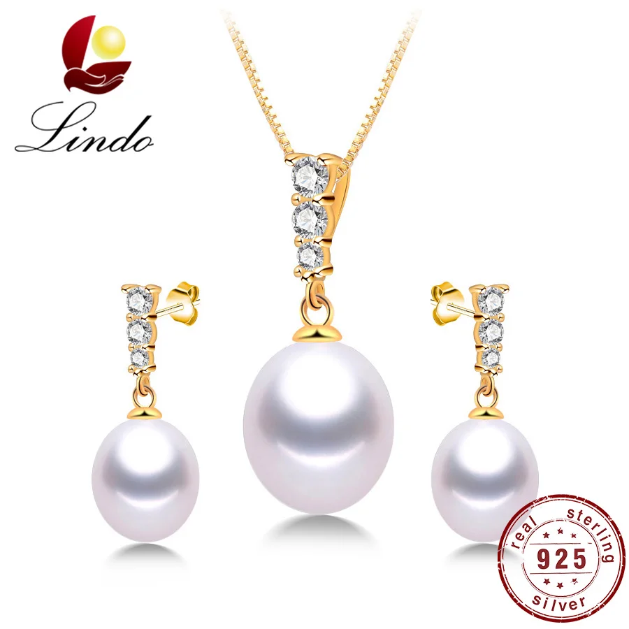 

Lindo Solid Silver Dubai Jewelry Sets Fashion Gold Color 925 Sterling Silver 5A Natural Freshwater Pearl AAA Zircon Earrings Set