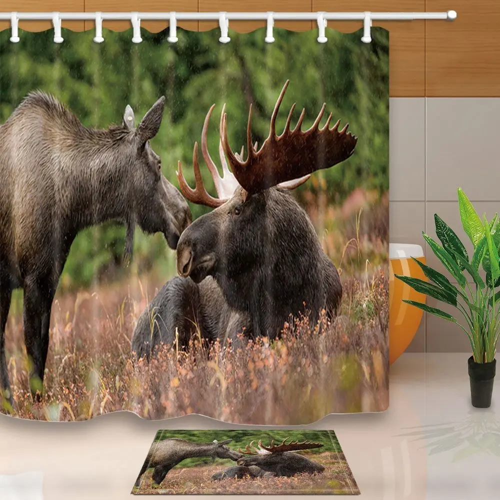 

Wild Animal Decor Moose Lying on Grass Against Green Forest Waterproof Polyester Fabric Shower Curtain Set Doormat Bath Rugs