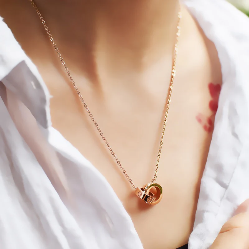 

Donia Jewelry Titanium steel white Rhinesto necklace ladies men's couple jewelry double circle necklace rose color does not fade