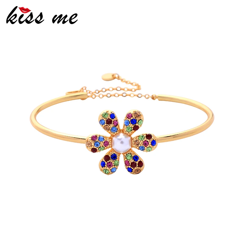 Kiss ME Delicate Seven Color Zircon Flower Open Round Bangle Adjustable Women For Female Gift Accessories | Украшения и