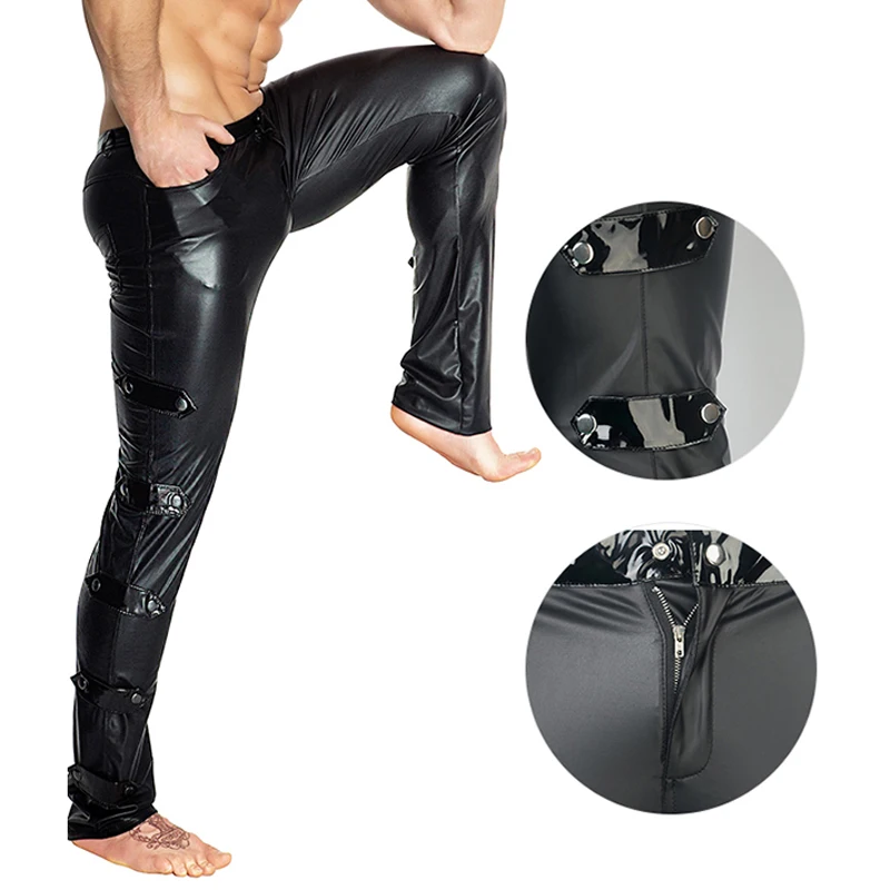 Мужские черные брюки из искусственной кожи, Клубная одежда, сценические обтягивающие штаны, гей-фетиш, леггинсы, сексуальные латексные мужские длинные брюки, штаны для танцев на шесте