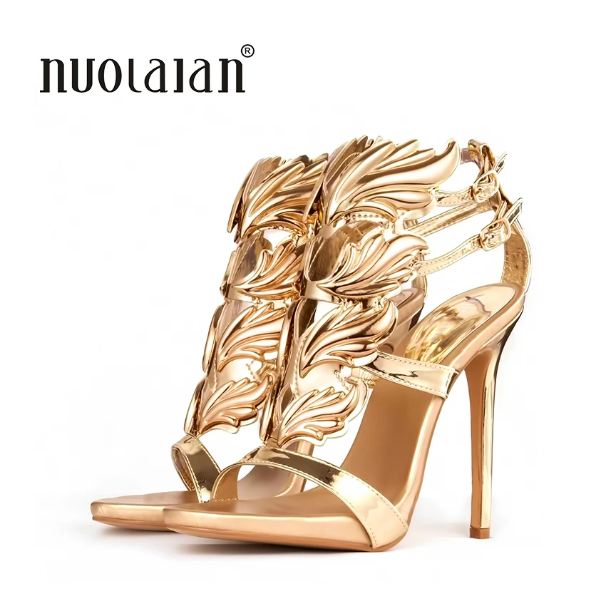 Hot Sell Women High Heel Sandals Gold Leaf Flame Gladiator Sandal Shoes Party Dress Shoe Woman