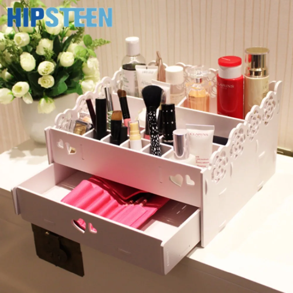 

HIPSTEEN Lace Cosmetic Storage Box Makeup Case Jewelry Box Holder Organizer with A Drawer - White