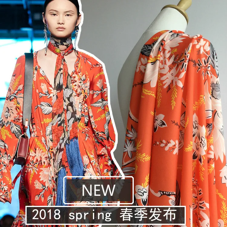 

147cm wide autumn new filament messy orange bottom digital printing women's fashion fabric dress shirt DIY wholesale cloth