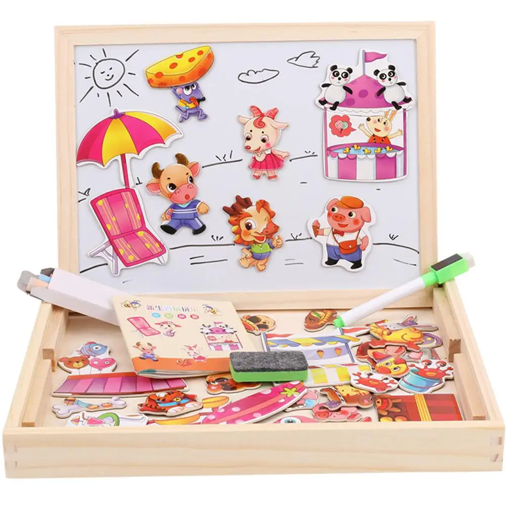 

Kids Wooden Cartoon Animal Shape Puzzle Double-sided Magnetic Drawing Board Toy