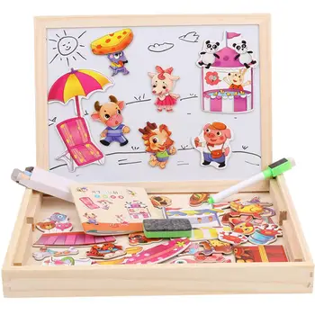

Kids Wooden Cartoon Animal Shape Puzzle Double-sided Magnetic Drawing Board Toy