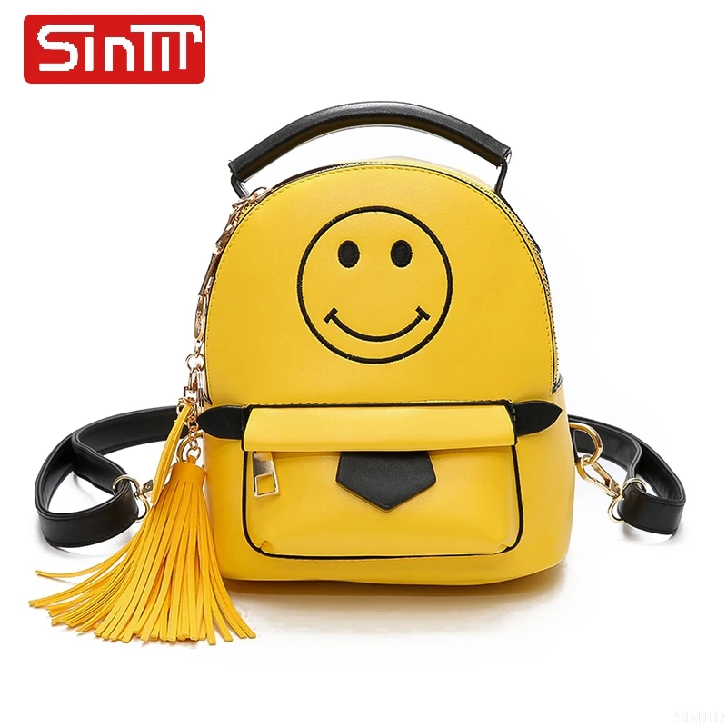 2018 Women Fashion Tassel Leather Bags Yellow Smile Backpack Cute Small