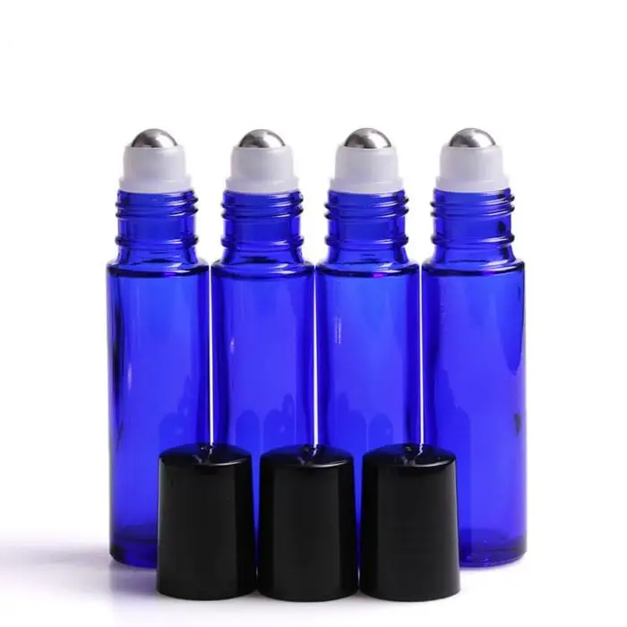 10ml Glass Roll On bottles Blue Empty Essential Oil Bottle Black Lids Mini sample vials Metal