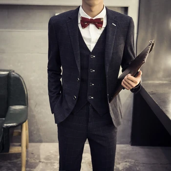 

Retro Plaid Suit For Men Fashion Slim Fit Mens Wedding Suits Designs Clothing costume homme Male Blazer Jackets Tuxedo 3 Sets