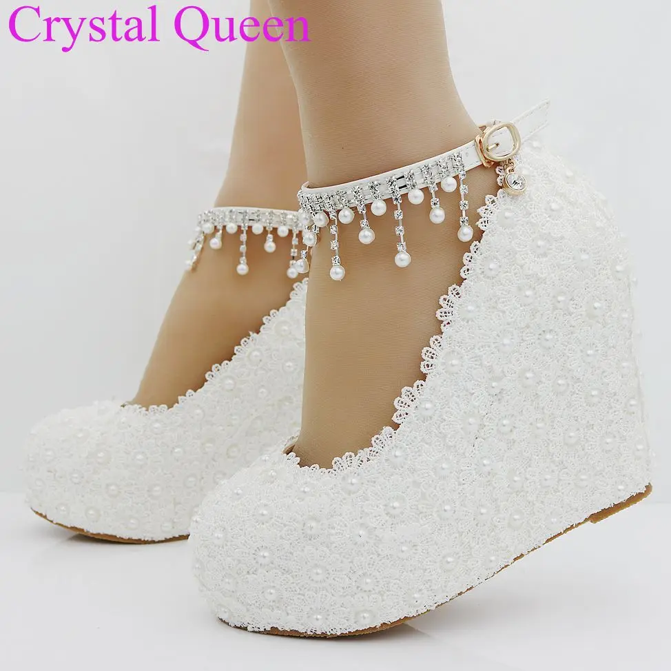 White lace wedges pumps shoes for women elegant heels fashion string