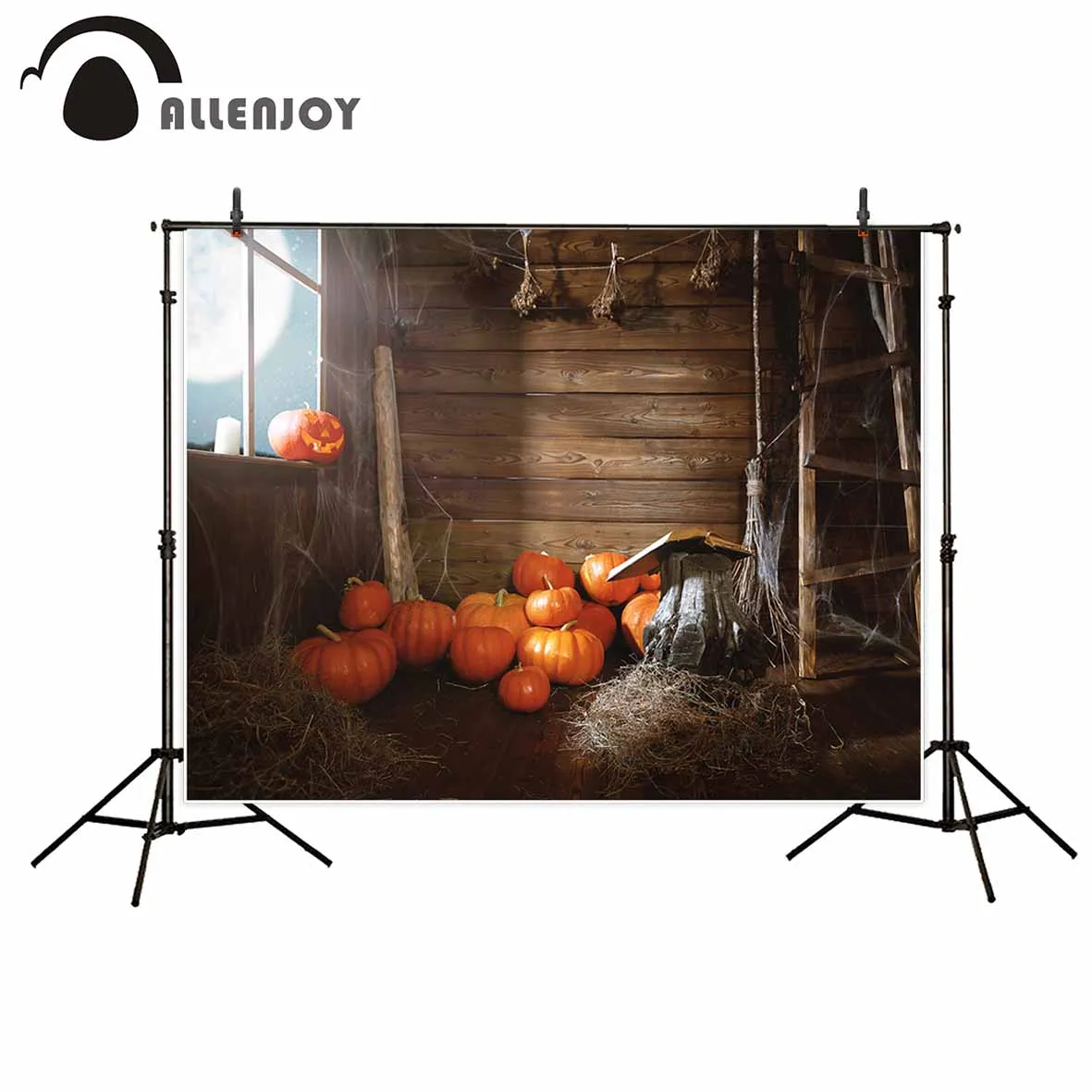

Allenjoy photographic background Halloween wood house pumpkin moon countryside backdrop photocall professional customize