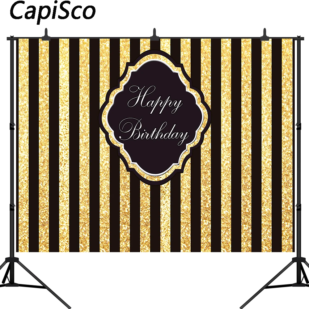 

Capisco Black Golden Glitter Stripe Photography Backdrop Happy 1st Birthday Party Decor Photo Studio Booth Shoot Background
