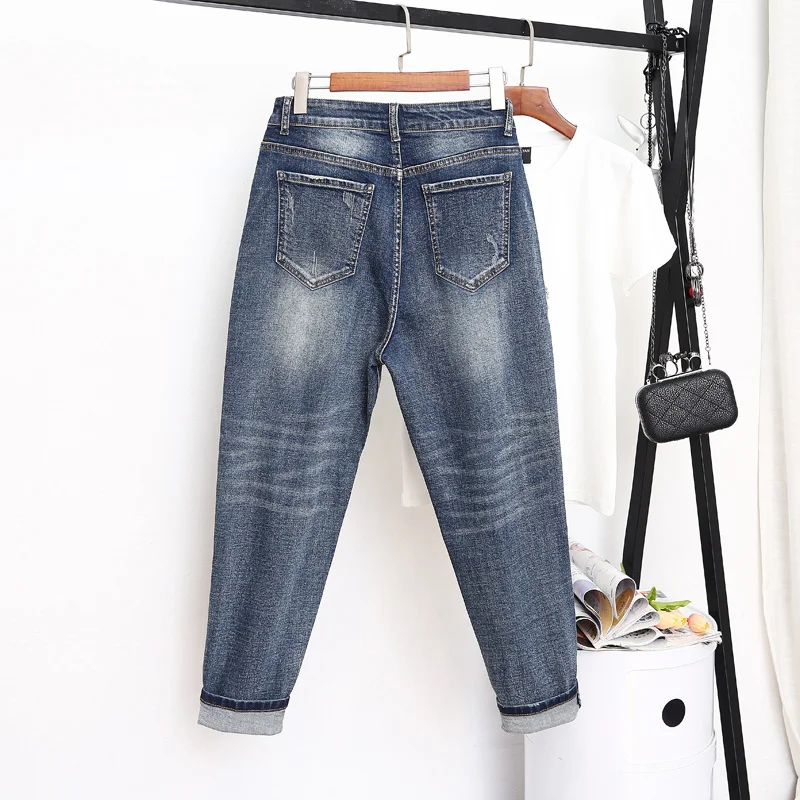 Новинка, женские джинсы размера плюс 4XL 5XL, джинсовые синие женские джинсы с высокой талией, повседневные женские джинсы-шаровары LM066