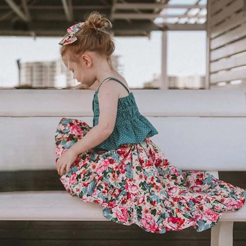 

New Arrival Pretty Flower Children Kids Girls Dresses 2PCS Baby Girl Dress with knee length sweet style dresses 2019 summer