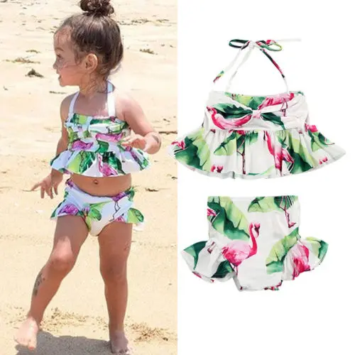 Новые модные детские для маленьких девочек Sweimwear Фламинго цветочный Танкини комплект бикини купальники купальный костюм - Цвет: Многоцветный
