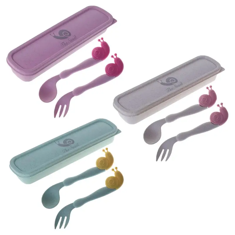

1 Set Kids Utensils Baby Food Feeding Dishes Fork + Spoon Wheat Straw Environmental Tableware Newborn Children Cutlery Snail