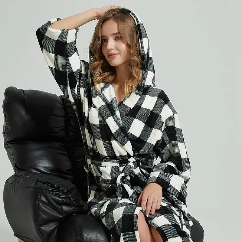 Women Bathrobe Winter Thick Warm Coral Fleece Kimono Bathrobe Gown Robe Dress Lovers Nightwear Pijama Sleepwear Black and White
