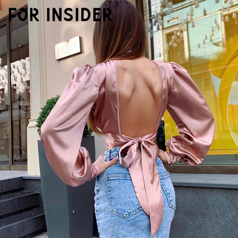 

For Insider Pink satin silk long sleeve blouse shirts Turtleneck backless bow tie sexy crop top Elegant womens tops and blouses