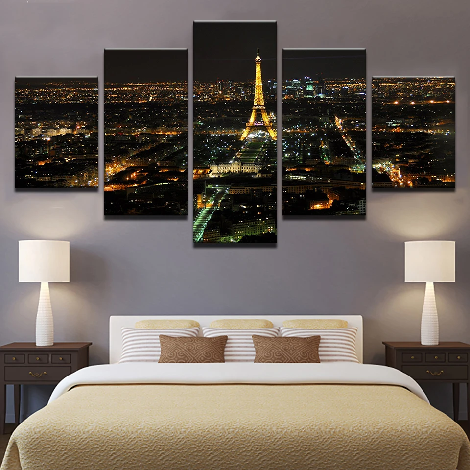 

Decor Home Canvas Art Modern HD 5 panel paris Eiffel Tower building night scene Modular Posters Tableau Wall Pictures Paintings