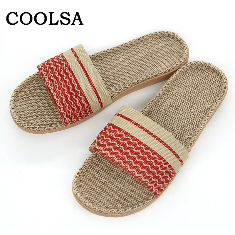 

Coolsa Women Flax Flip fops Linen Slippers Stripe Canvas Flat Non-slip Indoor Home Sandals Casual Female Summer Beach Slides
