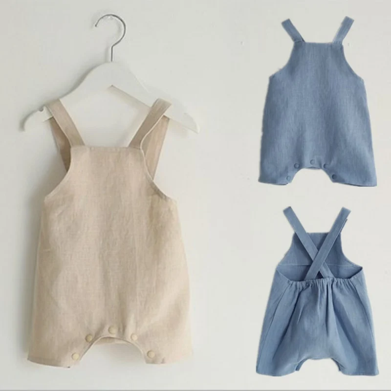 Летняя Милая однотонная льняная одежда на подтяжках для маленьких мальчиков и девочек; короткие комбинезоны