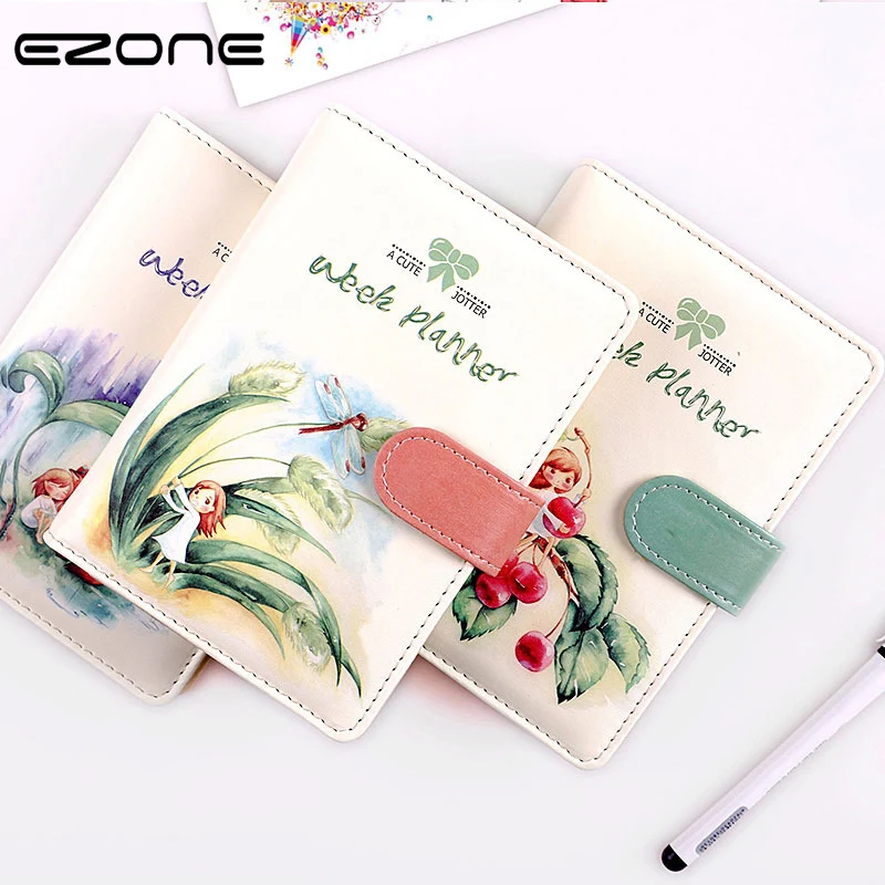 

EZONE Kawaii Notebook Printed Cute Gril/Flower/Leaves Note Book PU Cover Traveler Journey Notepad Children Office School Supply