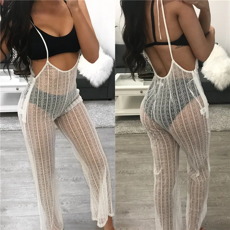 

Hot Sale Transparent Spaghetti Strap Lace Up Long Pants Jumpsuits Women White Black Backless Clubwear Party See Through Catsuits