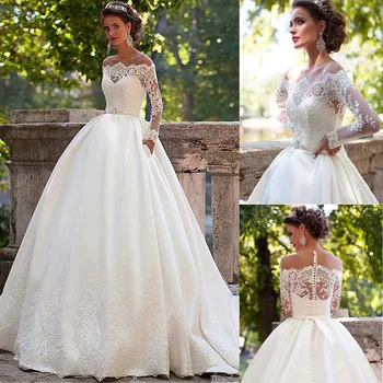 

Vestido De Noiva Boat Neck Vintage Appliques Princess Ball Gown Ivory Wedding Party Dress Robe De Mariage