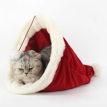 

1pc Winter Warm Soft Red Christams Cap Pet Sleeping Bag Puppy Dog Cat Cage Rabbit Kitty Bed Play Toy Small Animal New Year Gift