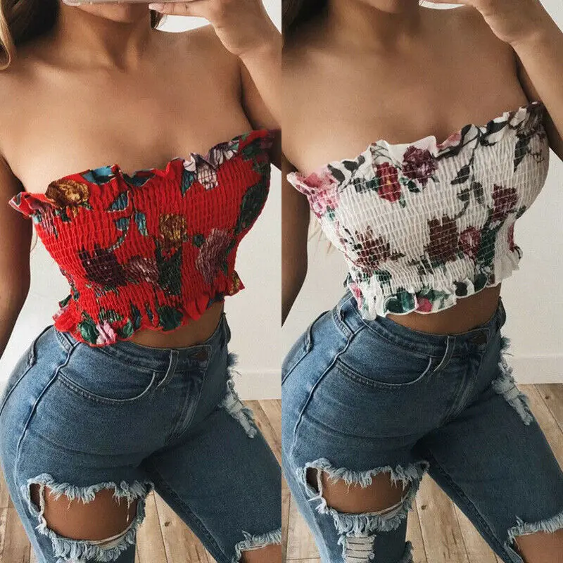 New Women Floral Print Seamless Bandeau Crop Tube Top Strapless Wrap Bustier Bra