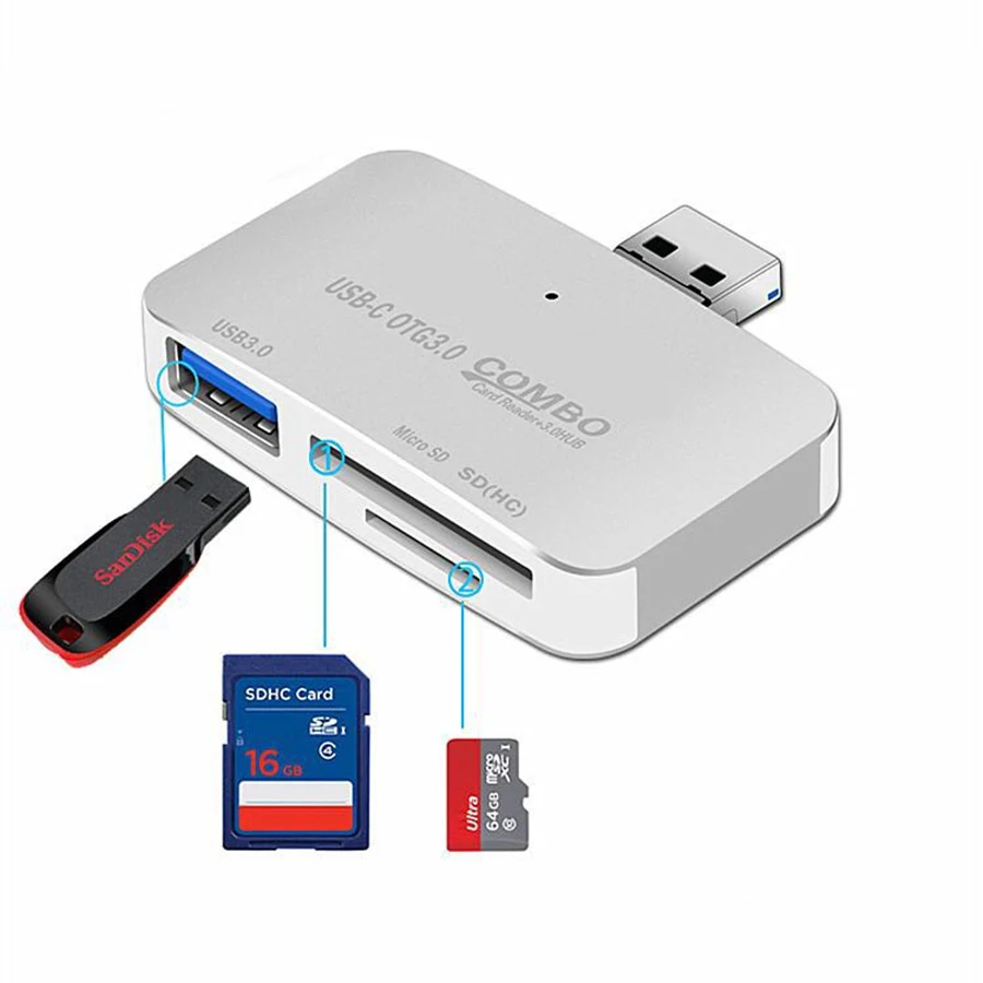 Micro USB Card Reader 2 в 1 Многофункциональный OTG HUB SD и TF Card Reader сплав USB3.0 концентратора