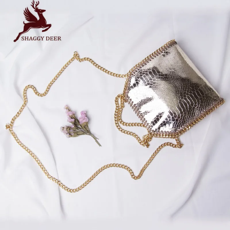 

Shaggy Deer Exclusive Top Quality Luxury Mini 18cm Gold and Silver Serpentine PVC Fold-Over Crossbody Chain Shoulder Bag