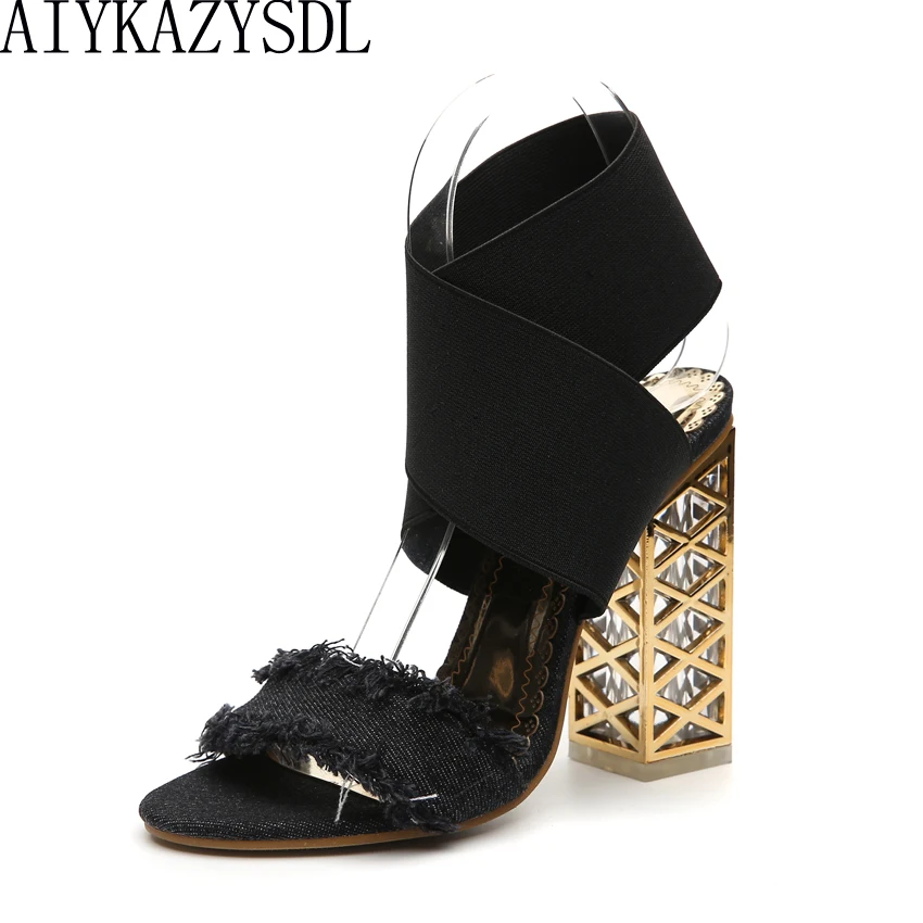 

AIYKAZYSDL 2018 Women Sexy Rome Sandals Clear Cut Out High Heels Stretch Elastic Band Strap Shoes Cross Strap Thick Heel Pumps