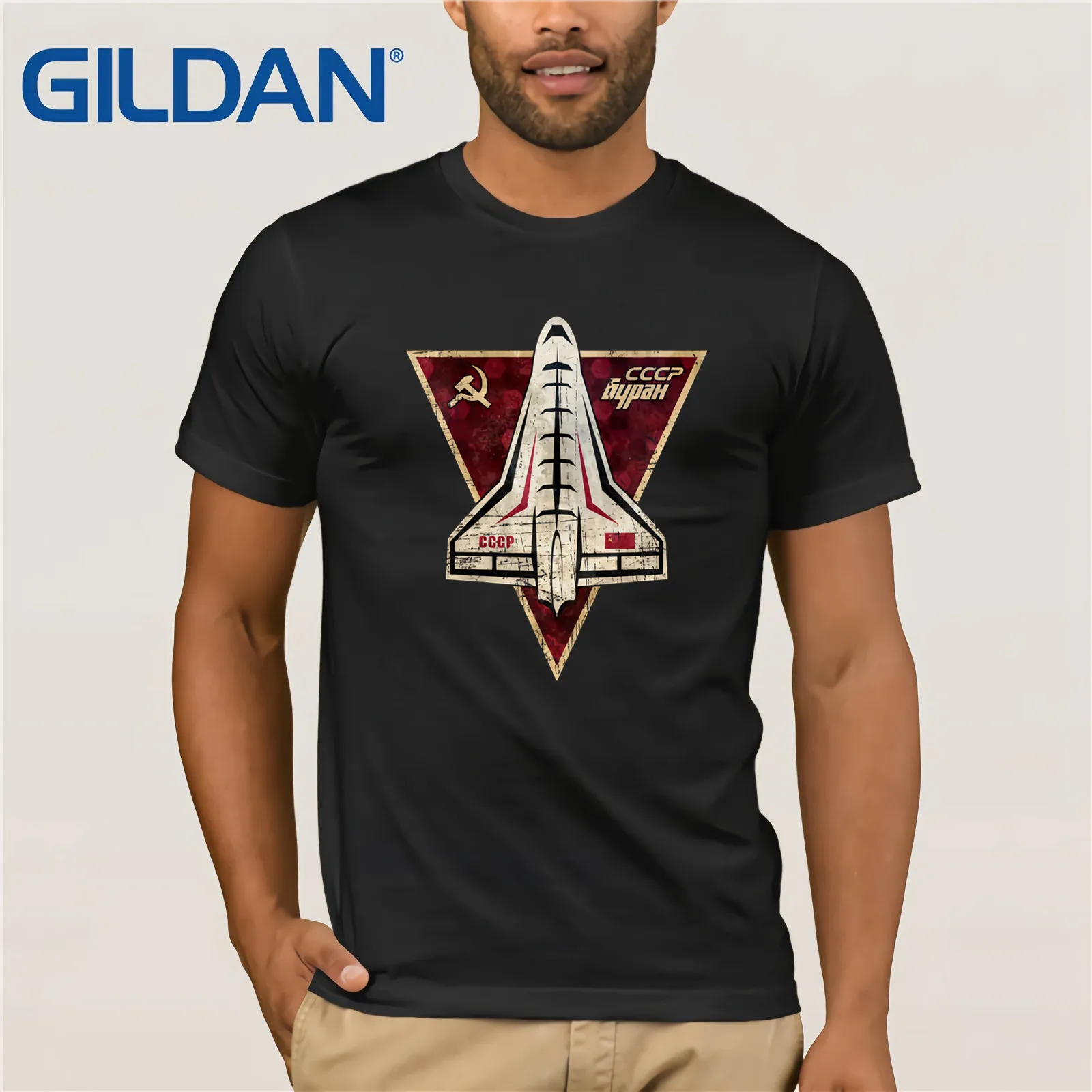 

Gildan Brand Russia CCCP Retro-Future Emblem Space Exploration Program T-Shirt Summer Men's Short Sleeve T-Shirt