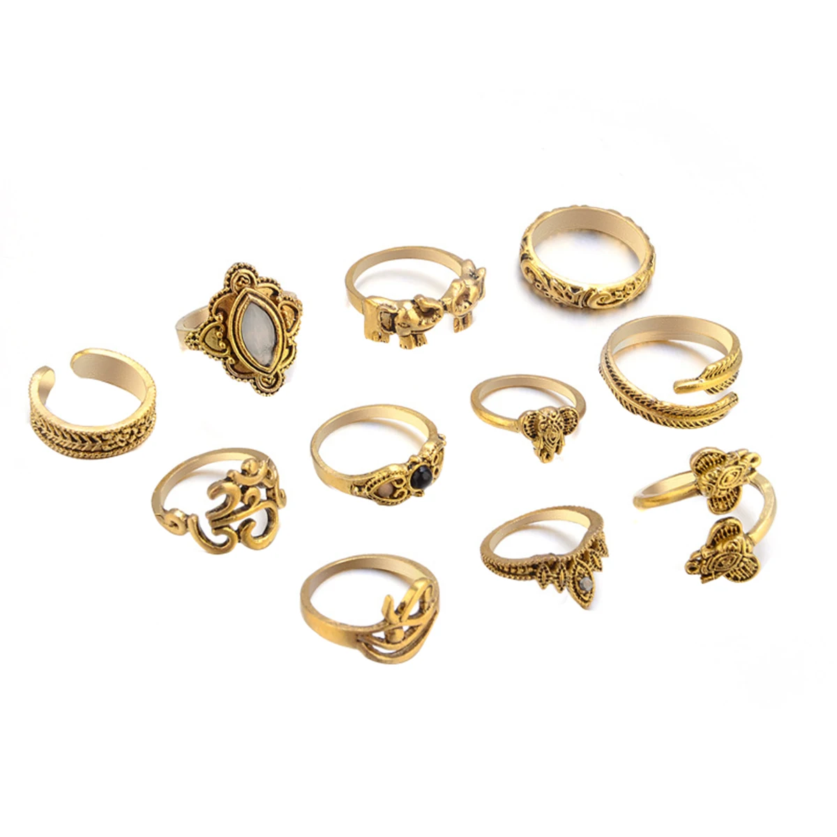 Bohemia Antique Gold Silver Elephant Ring Vintage Crown Leaf Carved Rings Set Knuckle Finger Midi Ring for Women Jewelry