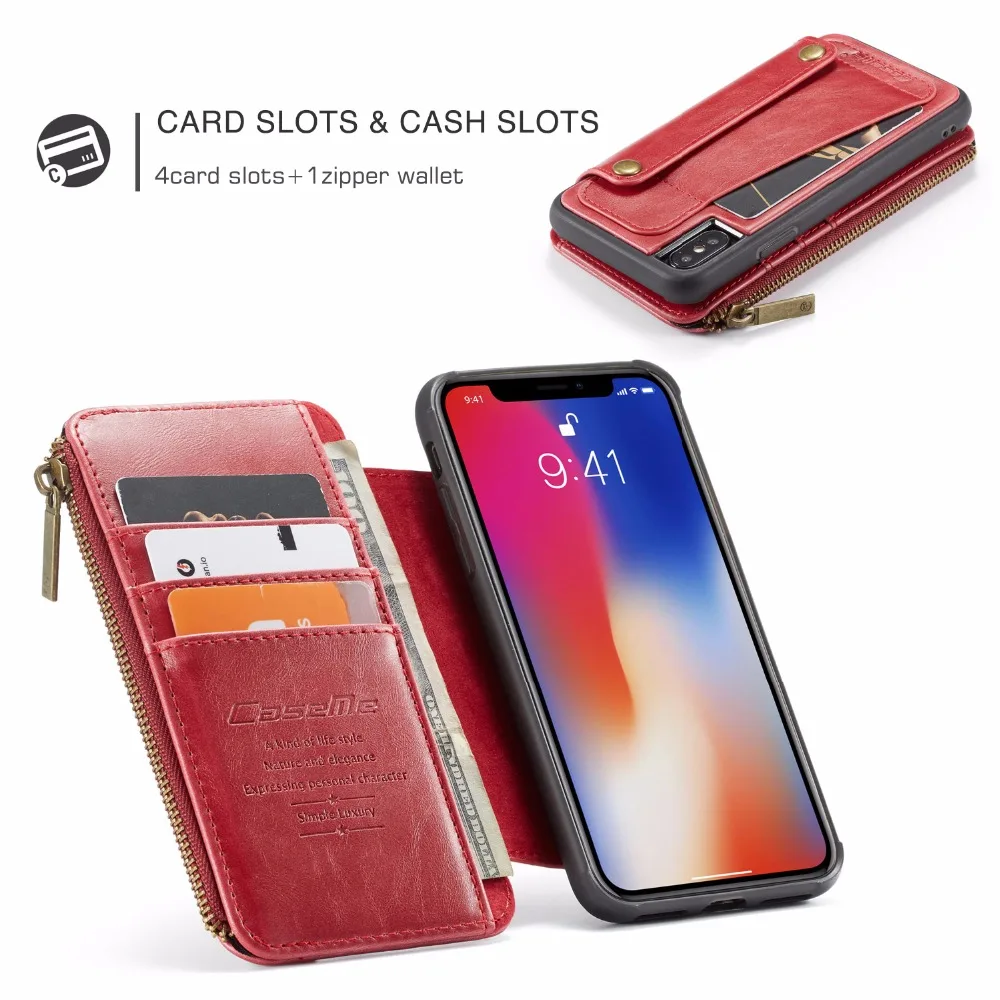 CaseMe кошелек чехол для iPhone X S XR XS Max кошелек на молнии Держатель карты кожаный флип чехол для iPhone X 8 7 6 S Plus съёмный корпус