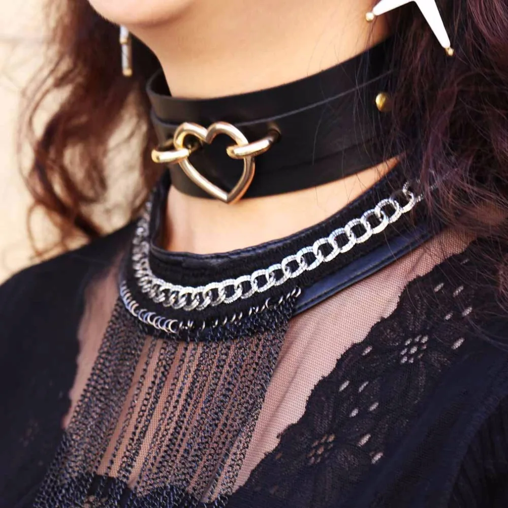 KMVEXO, металлическое ожерелье в форме сердца, длинное ожерелье, женское колье, золотого цвета, панк, связывание, жгут, кожаное ожерелье, винтажное массивное ювелирное изделие