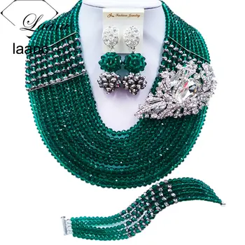 

Laanc Latest Army Green Silver Crystal Nigerian Necklace Latest African Beads Jewelry Set for Wedding C22P042