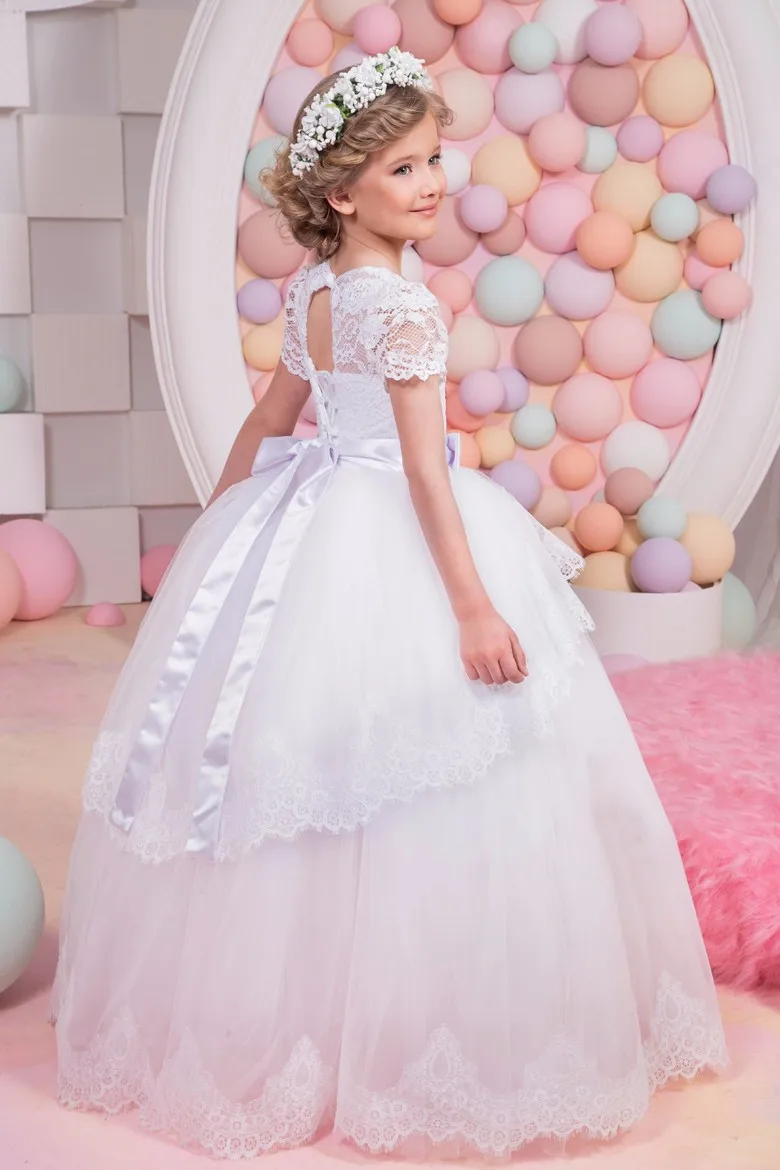 2018 Romantic White Lace Flower Girl Dress for Weddings Bow Belts Party First Communion Tulle Pageant Gown | Детская одежда и