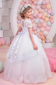

2018 Romantic White Lace Flower Girl Dress for Weddings Bow Belts Girl Party First Communion Dress Tulle Pageant Gown