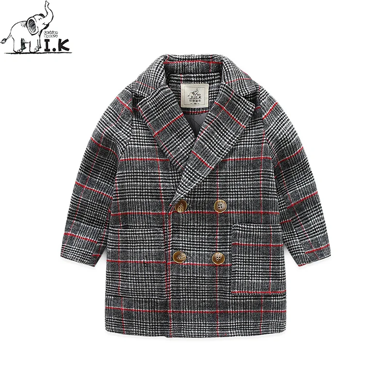 I.K Boys wool long plain overcoat suit baby kids warm coat children Double breasted fashion