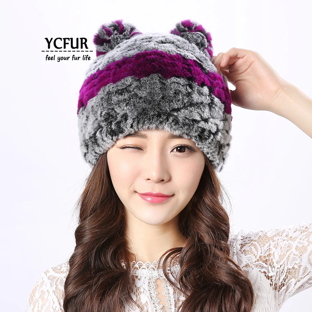 

YCFUR Winter Hats Caps Women Knit Rex Rabbit Fur Beanies Hats Female Cute Cat Ears Girls Cap Hat Winter Beanies Skullies Ladies