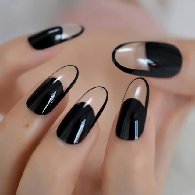 Spirit Clear French Style Fake Nails Black UV Polish Cover Shiny Long Oval  False Nails Artificial