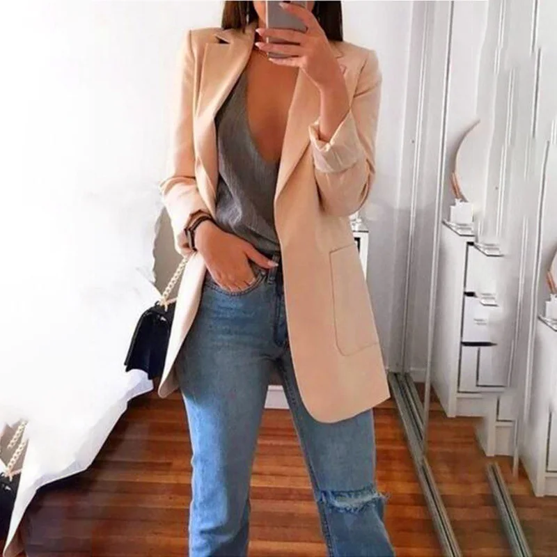 

Women's Autumn Solid Pockets Slim Jacket Work Office Lady Black Khaki Female Blazer Business Notched 2019 Fashion Blazers Women