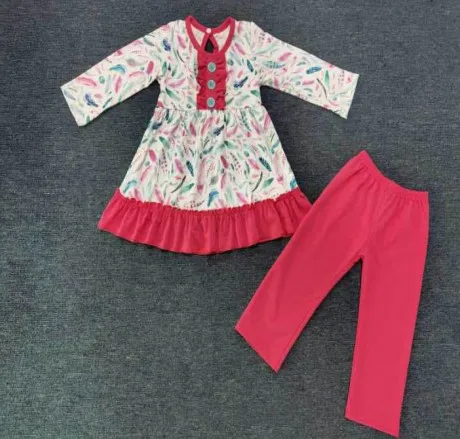 

Children clothing set baby girl wear feather print with long pant fall style