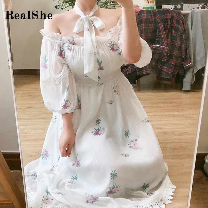 

RealShe New Women Dress Ladies Slash-Neck Half Sleeve Pint Loose Dresses Ladies Summer Casual Elegant Streetwear Long Dresses