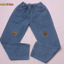 Винтажные милые медведи с вышивкой Женские длинные брюки синие джинсы повседневные свободные широкие брюки с эластичной резинкой на талии