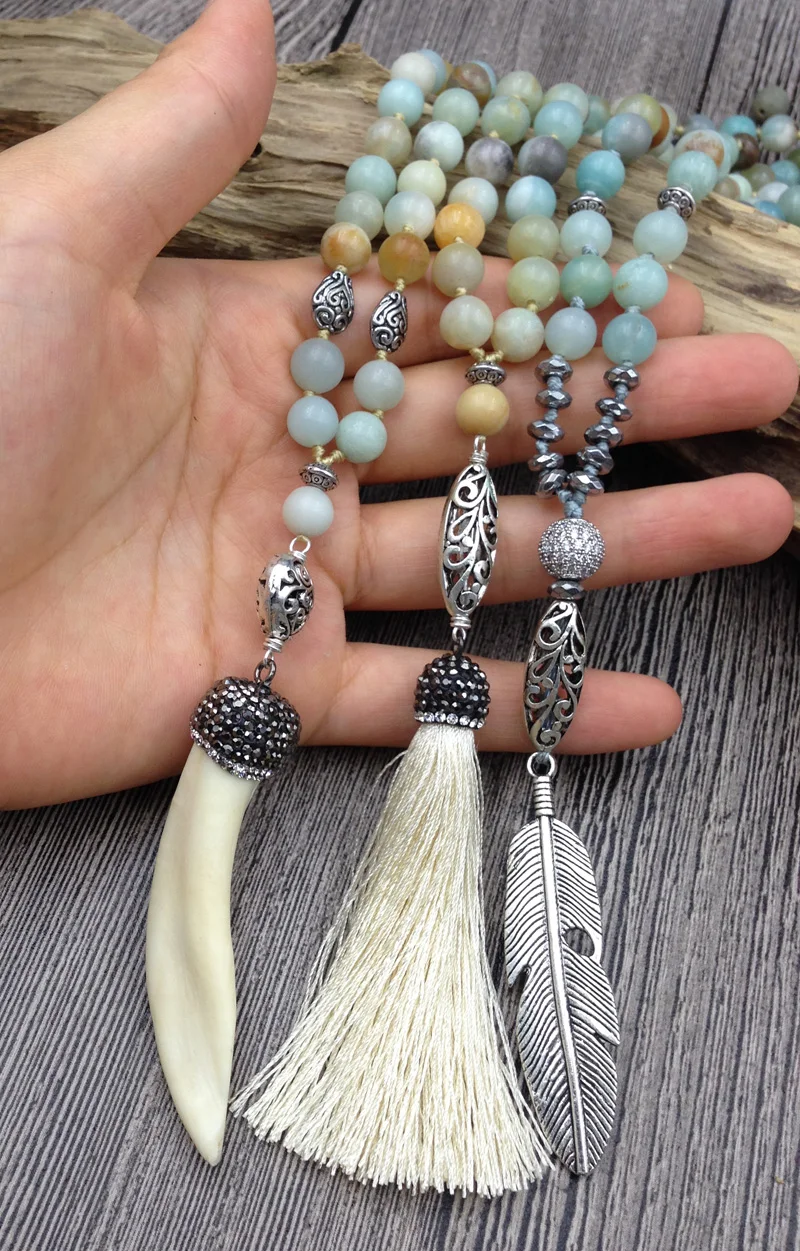 Tooth Tassel Leaf Pendant Charm ite Beads Handmade Necklace