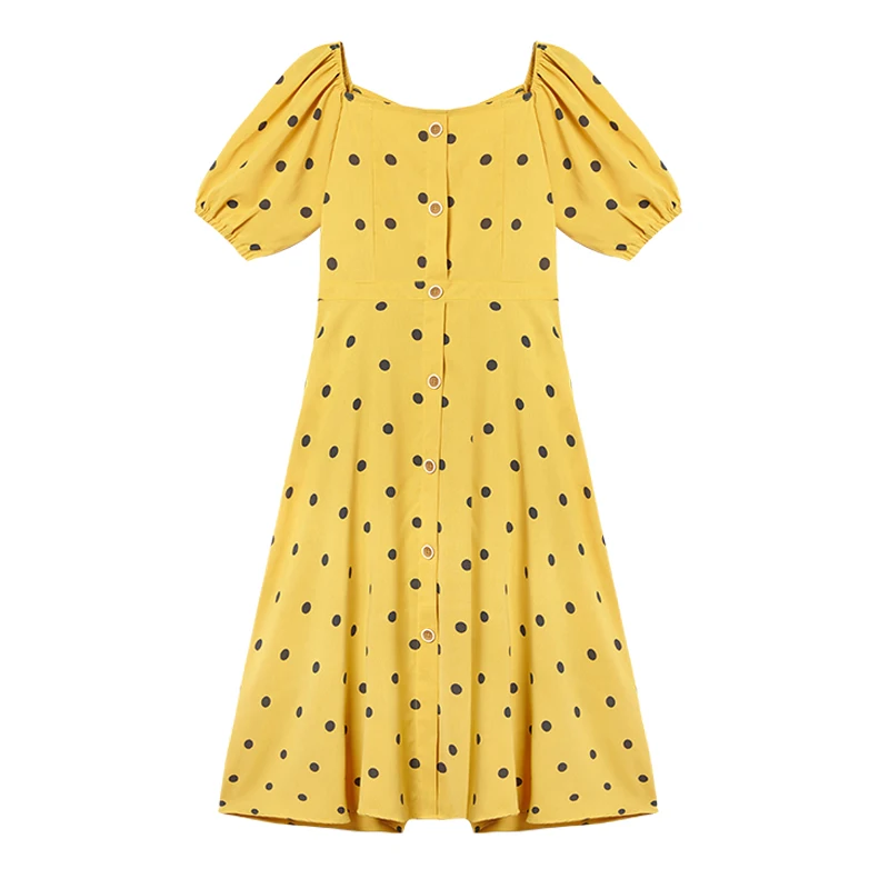 

PERHAPS U yellow white dot button puff short sleeve off shoulder fit and flare vintage midi dress summer casual D0530