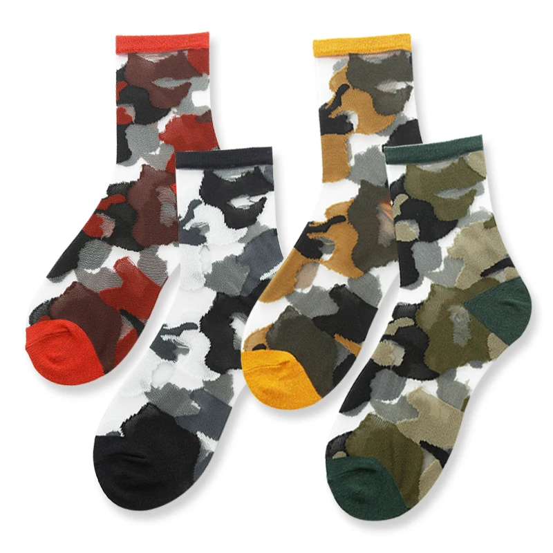 Женские шелковые носки, лето, Harajuku, уличная мода, камуфляжные носки, Mujer, повседневные спортивные прозрачные тонкие носки для скейтборда